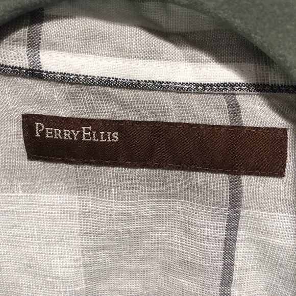 Perry Ellis 100% linen subtle grey taupe plaid long sleeve  Shirt XXL - Picture 2 of 9